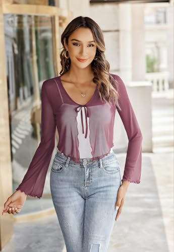 Image of Avidlove Womens Sheer Shrug Tie Front Long Bell Sleeve Mesh Bolero Lightweight Summer Casual Short Shawl Top