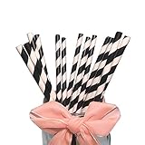 Black Stripes Paper Straws 100 Pack, Black And White Striped Paper Drinking Straws Biodegradable Dis