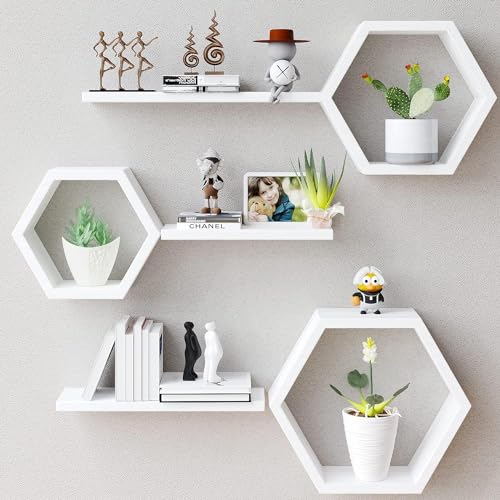 Image of Wooden Floating Wall Shelves Wall Mounted - Set of 6 Hexagon Shelves Display for Photos, Plants, Honeycomb Shelves for Living Room, Bedroom, Bathroom, Kitchen, Office (White)