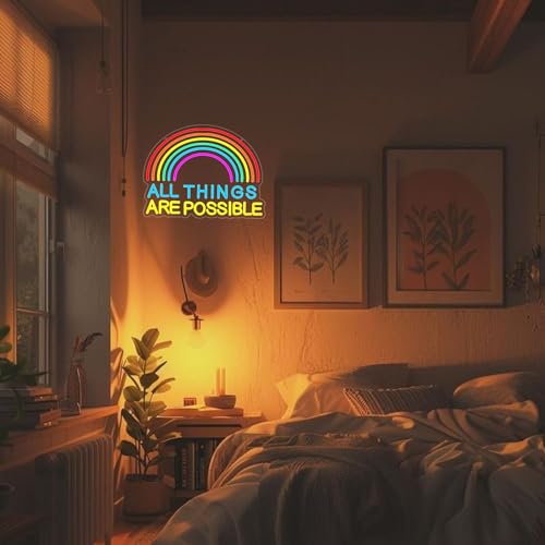 Image of ALL THINGS ARE POSSIBLE Neon Lights, LED Neon Signs for Wall Decor, Rainbow Neon Light Sign Neon Room Decor,USB Night Lights for Bedrooms,Bookshops,Libraries, Classrooms,Florists, Parties, Holiday Gifts(16.5*12.6in)