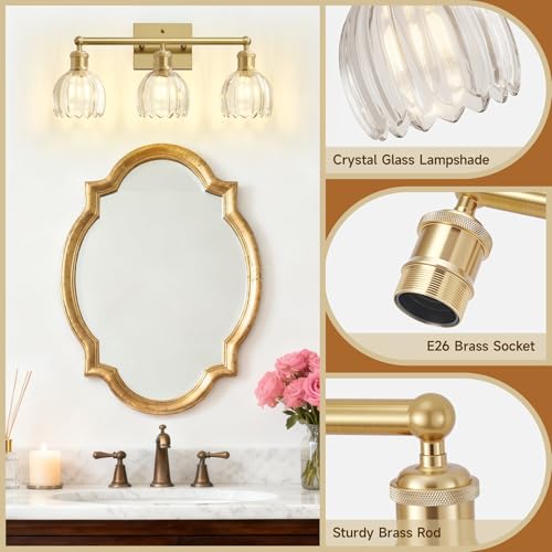 Image of Antique Brass Bathroom Light Fixtures Over Mirror,3-Light Bathroom Vanity Lights Over Mirror,Brass Wall Lights with Clear Glass Tulip Light Shade for Bedroom,Living Room,Hallway,E26 Base