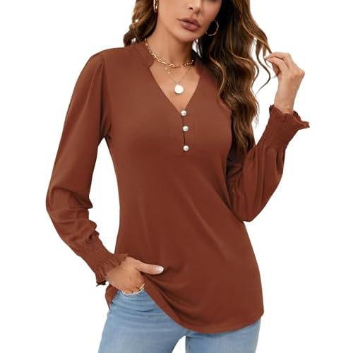 Rapbin Womens V Neck Puff Long Sleeve Button Down Tunic Blouses Fall Tops 2025 Ruffle Cuffs Dressy Casual T-Shirts