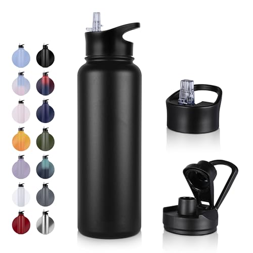UMBFUN Insulated Water Bottle - 1.2L 2 Lids (Straw Lid and Spout Lid) - with Straw Stainless Steel Double-Walled Insulated Vacuum Leakproof BPA Free Drink Flask for Travel Sports Gym Camping Hiking