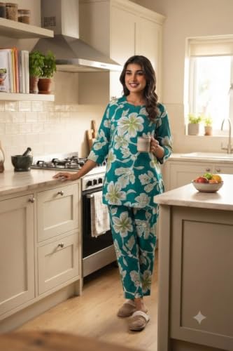 Image of Women's Pure Cotton Printed Night Suit,Top and Relaxed Pajama Set, Stylish Sleepwear, Casual Wear
