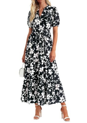 Image of PRETTYGARDEN Women's Summer Boho Floral Maxi Dresses | Bohemian Flower, Short Sleeve V Neck, Fit and Flare, A Line, Flowy Tiered, Belt Pocket, Wedding Guest, Beach Vacation Outfits