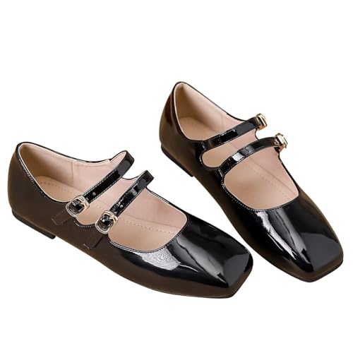 LUXINYU Leather Mary Jane Shoes for Women Dressy Square Toe Ankle Strap Ballet Shoes Comfortable Flats