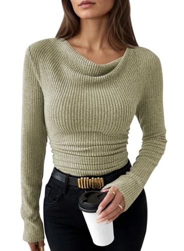 Pink Queen Long Sleeve Tops for Women Trendy Drop Neck Ruched T Shirts Trendy Fall Outfits Light Green XL