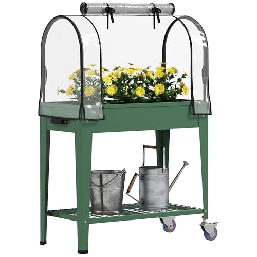 Outsunny Huerto Urbano Elevado con Ruedas, Mesa de Cultivo con Cubierta PVC de Invernadero y Estante Inferior para Cultivo, Plantas, Flores y Verduras, 80x40x120 cm, Verde