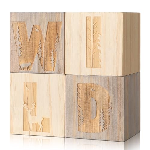 Image of RattanView 4 Pcs Woodland Nursery Decor Nursery Wood Shelf Blocks for Bedroom Playroom Gifts Wild Sign Woodland Table Blocks Decor for Boys Girls