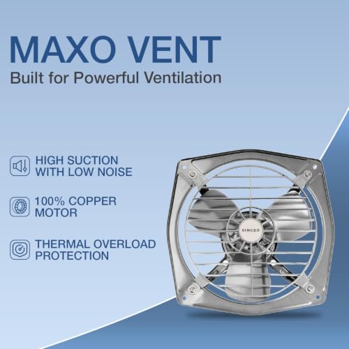 Image of SINGER Maxovent 230 mm Exhaust Fan | 100% Copper Motor | 40W Energy Efficient | 1350 RPM High Suction, Low Noise | 500 CMH Air Delivery | Powder-Coated Rust-Free Body | 2-Year Warranty