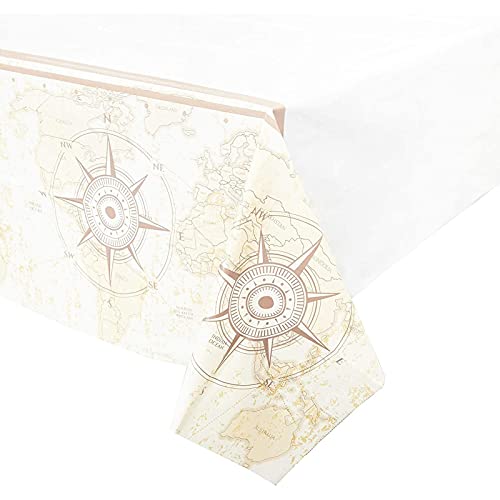 Image of BLUE PANDA Disposable World Map Tablecloth - 54 x 108 in, Pack of 3, Multi-Color - Plastic Travel-Themed Tablecloth - Adventure-Themed Baby Shower Table Cover