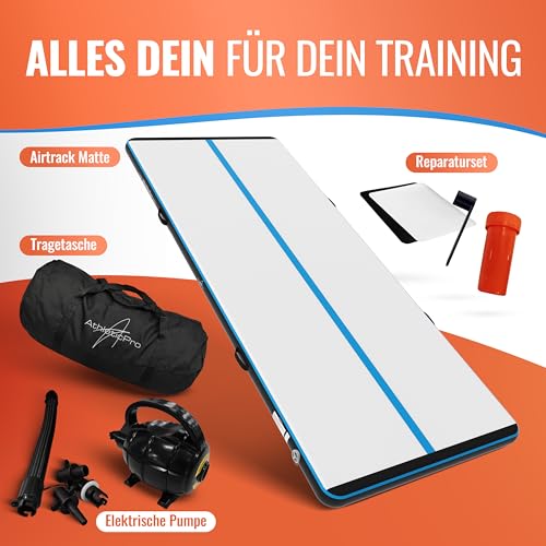 AthleticPro Airtrack Matte [3m/4m/5m Lang] 120cm Extra Breit - 10/20cm Höhe - Aufblasbare Turnmatte für Bodenturnen & Akrobatik inkl. elektrischer Pumpe, Reparaturset & Tasche