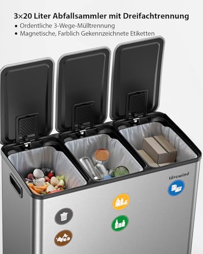 lovewind Mülleimer Küche,Mülleimer 3 Fächer,60L Mülltrennsystem, 3 x 20L, Tretmülleimer mit Deckel und Inneneimern, Stahl… – Ansicht 3