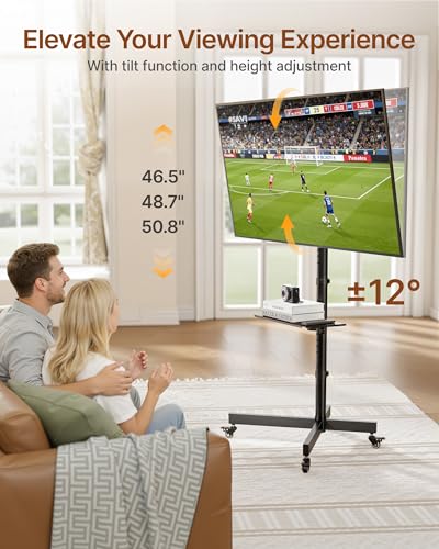 Image of Heavy-Duty Rolling TV Stand for 23 inch-60 inch Screens, Supports 121 lbs (99 lbs TV + 22 lbs Shelf), Stable Mobile TV Cart with Height & Tilt Adjustment, Portable TV Stand on Wheels, Max VESA 400x400