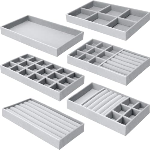 Fabselection 6 PCS Jewellery Tray, Velvet Jewellery Insert for Drawers, Stackable Jewellery Organiser, Jewellery Storage Drawer for Earrings, Bracelets,Ring, Brooches,Watches, Necklaces (Grey)