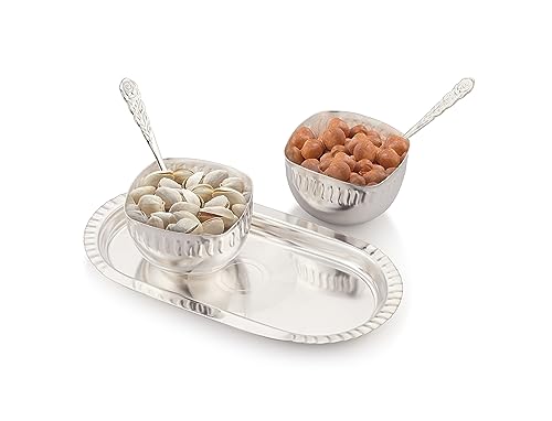 Image of Silverglow Aura Serving Set | Silver Plated Bowl Set of 5 | Dry Fruits, Snacks containers | Serving Tray Bowl Set | Tableware Set | Perfect Diwali, Office, Wedding Return Gift