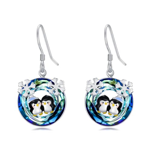 Dorunmo アニマルイヤリング 925スターリングシルバー ウミガメ イルカ ペンギン ブルークリスタルダングルドロップイヤリング 夏 海 ビーチ 誕生日 記念日 クリスマス ジュエリー ギフト 女性 妻 ママ 友人, スターリングシルバー, 宝石なし