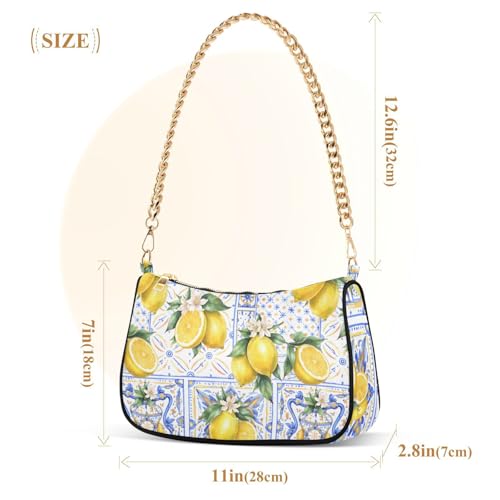 Image of Shoulder Bags for Women Vintage Yellow Lemon Fruit and Blue Print Hobo Tote Handbag Small Clutch Purse with Zipper Closure