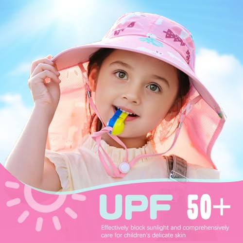 Image of SNOWIE SOFT Wide Brim Sun Hat for Kids Girls with Neck Flap Shawl, UPF 50+ Adjustable Chin Strap Sun Protection Hat for Girls 2-10 Years Old, Summer Breathable Sun Visor Hat Windproof Beach Hat