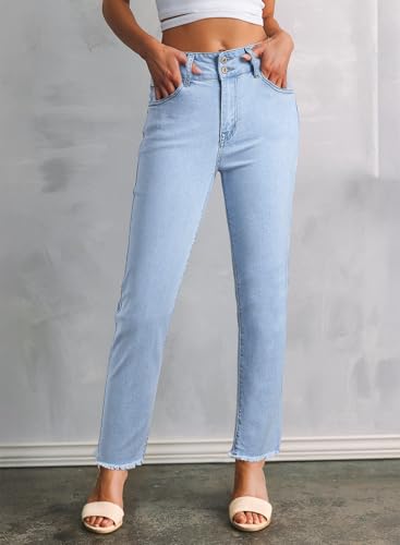 Sidefeel Women's Jeans High Waisted Strechy Straight Legs Boyfriend Denim Pants with Pockets L Light Blue Size 4 Short3