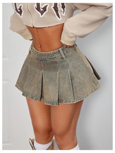 Floerns Women's Pleated A Line Mini Denim Skirt Low Waist Party Concert Jean Skirts2