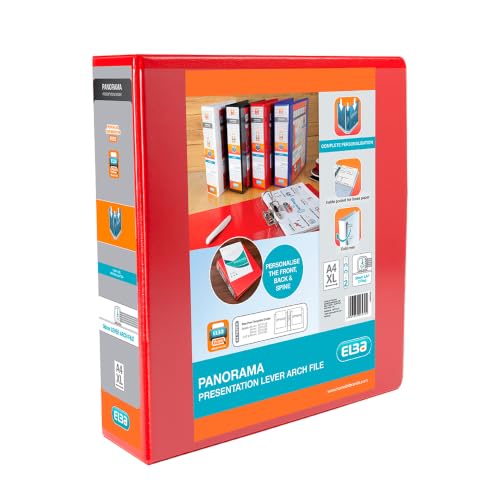 Image of Elba A4 2 O-Ring Lever Arch File, 56mm capacity, 90mm spine, Presentation Folder with Customisable Cover, Portrait, Red (Single)