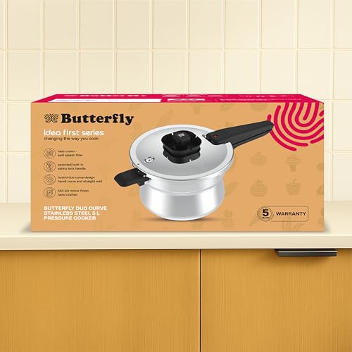 Image of Butterfly Duo Curve SS 5L Pressure Cooker|Induction Base| Halo Crown Spill Filter | Patented Pressure Lock Handle(4th Level Safety) | Float mechanism powered Optimal Steam Cooking | 5 Years Warranty