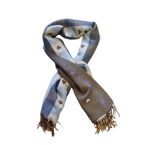 Seaside No.64 - XXL Wendeschal Herzenssache - kuschelig weiches Halstuch mit Herzen und Fransen - in braun & beige kombiniert mit kariertem & gestreiften Muster für Herbst,...