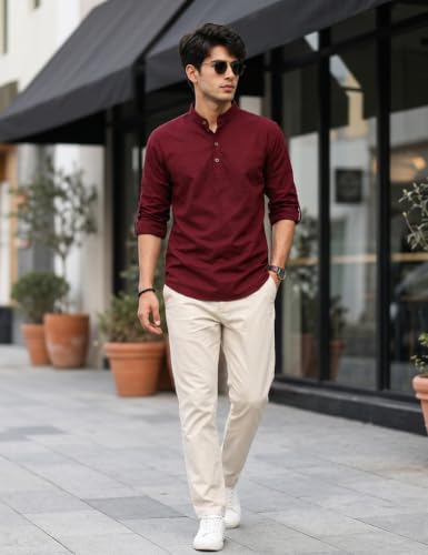 Image of Fifth U Men's Cotton Polyester Blend Solid Mandarin Collar Self Design Full Sleeve Casual Short Kurta