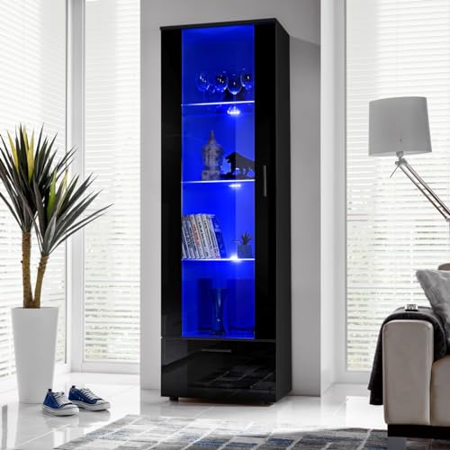 Komodee, Vitrine Schrank Alessandria, Schwarz/Schwarz, Breite 60cm x Höhe 192cm x Tiefe 42cm, LED...