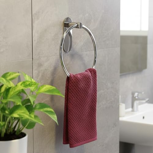 Image of OSLEN Stainless Steel Self Adhesive Round Towel Ring | No Drilling Wall Mounted Bathroom Accessories | Durable Napkin Hand Towel Holder for Kitchen, Wash Basin, Home and Hotels (Chrome Finish)