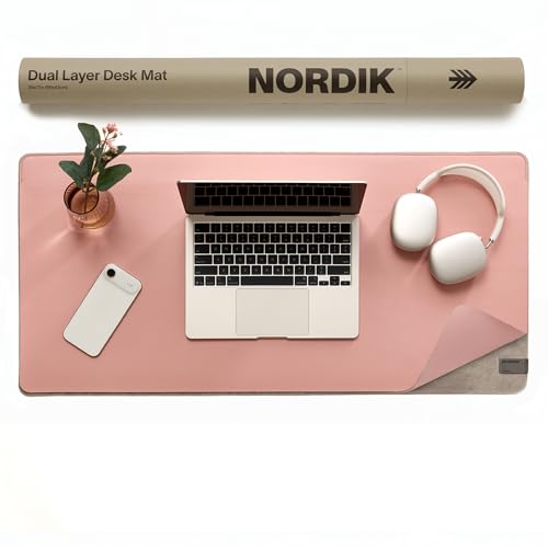 Nordik Felt and Leather Desk Mat - Desert Blush Pink - 35x17 Inch Felt and Vegan Leather Desk Blotter with Document Hideaway - Large Computer Mats for Desktop - Ideal Keyboard Mat for Office and Home