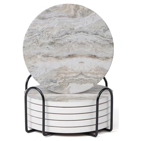 Hoomey Set of 6 Gray Abstract Onyx Marble Coasters with Holder, Absorbent Ceramic Coasters for Drinks, Coasters with Cork Backing for Table Protection, Coffee Table Decor Cover