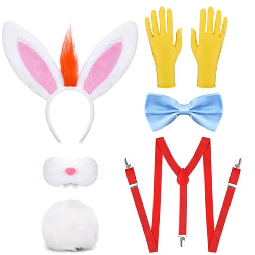 Matiniy 6Pcs Halloween Bunny Costume Set Include Rabbit Headband Nose Tail Bow Tie Suspender and Gloves for Men Party Dress Up