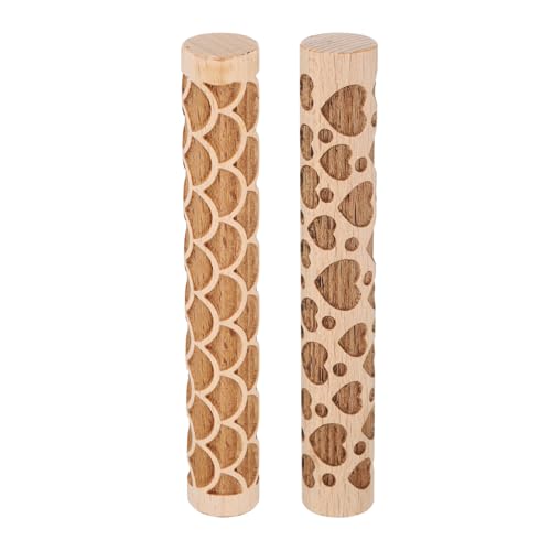 QUARKZMAN 2Pcs Rouleau a Patisserie en Bois 10cm avec Motif Éventail Cœur, Outils de Poterie, Rouleaux à Texture de Grain de Bois pour Argile, Pâte à...