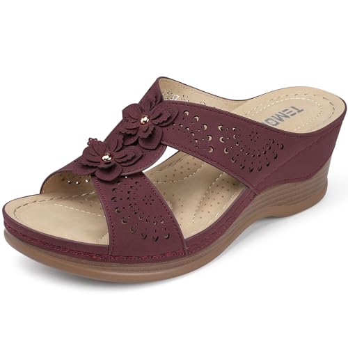 Image of TEMOFON Womens Wedge Sandals Leather: Comfortable Walking Shoes Summer