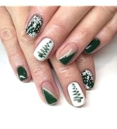 Christmas Press on Nails Short Square Fake Nails Green False Nails with Designs Snowflake Christm...