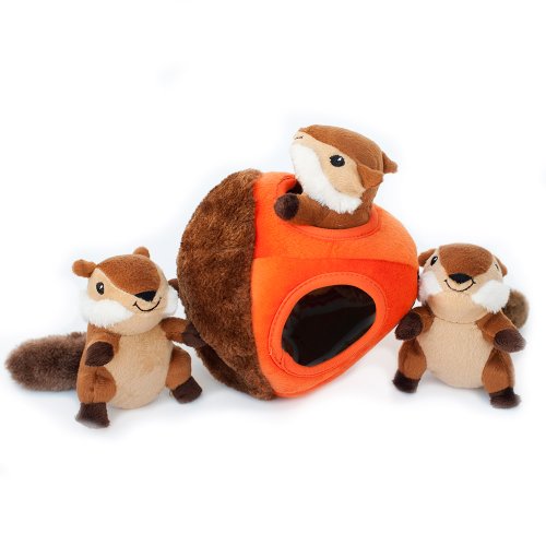 ZippyPaws - Woodland Friends Burrow, Interactive Squeaky Hide and Seek Plush Dog Toy - Chipmunk ‘n Acorn