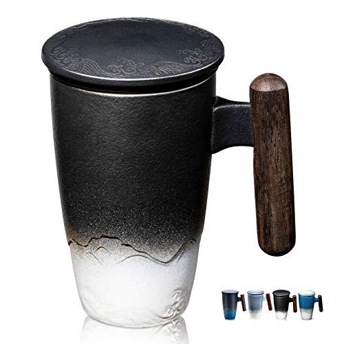 Tomotime Ceramic Tea Cup with Infuser and Lid Tea Mugs Wooden Handle 400ml/13.4oz Black