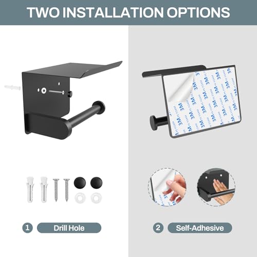 SetSail Toilet Paper Holder with Shelf Adhesive or Screw Bathroom Toilet Paper Roll Holders Wall Mount Matte Black Tissue Holder for Bathroom Hardware Accessories - Image 4