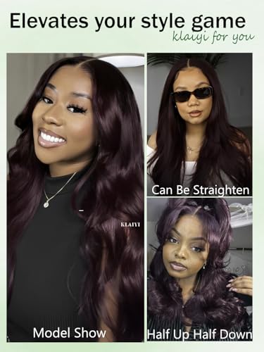 Image of KLAIYI Black Cherry Loose Body Wave Bye Bye Knots Glueless Wig 7x5Precut Lace Front Wigs Human Hair Drawstring Pre Plucked Bleached 30S Ready to Wear and Go Wig with Face Framing Bangs Burgundy 14Inch