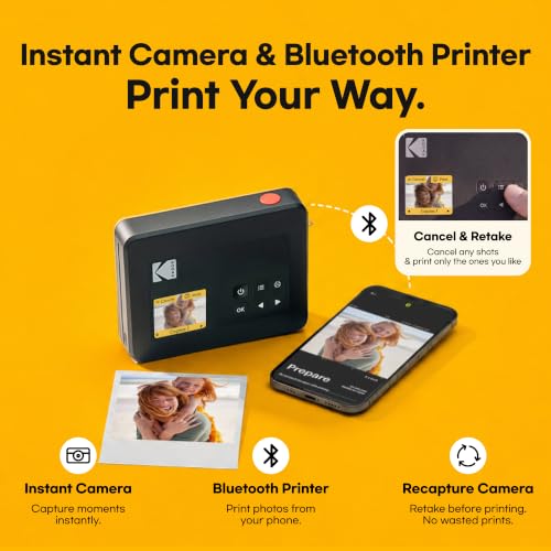 Image of KODAK Mini Shot 3 Retro 3x3 Instant Camera, Photo Printer, 38 Sheet, Yellow