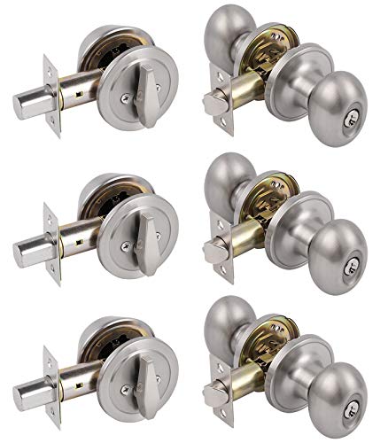 Probrico 3 Sets Front Entry Door Handlesets Satin Nickel Oval Door Knobs with Single Cylinder Deadbolts Combo Keyed Alike for Exterior or Interior Door Hardware Egg Shape Handles 6 Keys Per Lockset