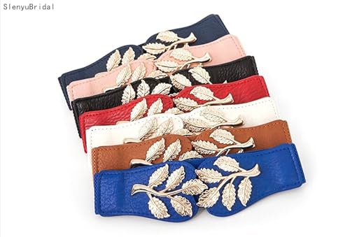 Women's Vintage Wide Elastic Stretch Adjustable Waist Belts with Metal Leaves Retro Cinch Belt Navy Blue One Size2