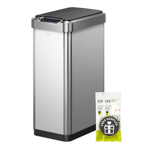 Image of EKO Phantom-T 50 Liter / 13.2 Gallon Vertical Motion Sensor Trash Can or Recycling Bin, Brushed Stainless Steel Finish