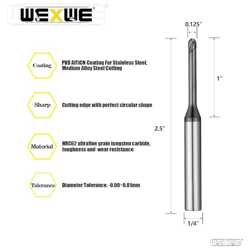 Image of Tools Ball Nose Carbide End Mill, TiAlCN Coating, CNC Cutting Tools for Stainless Steel,Hardened Steels,High Temp Alloys,Medium Alloy Steels, 2 Flute, 1 /4 Shank,(Ball Mills 1 /8-2.5 inch 2pcs)