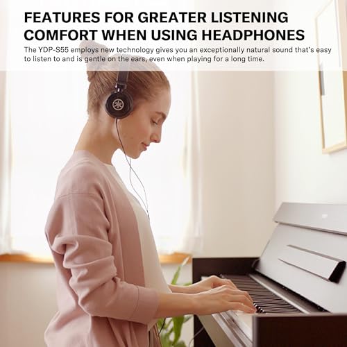 Image of Yamaha Arius Series Slim Digital Upright Piano, Grand Sound, Compact Weighted Keyboard, Black (YDPS55B) | Slim Console Digital Piano, 88 GH3 Weighted Keys, Yamaha Cfx Sampling, 192-Note Polyphony, 3 Pedals, USB-to-Host