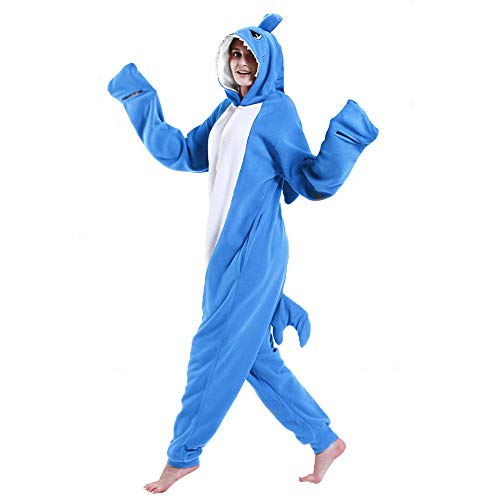 dressfan Unissexo disfarces tubarão pijama adulto animal Shark disfarce macacões fato roupa de dormir, cosplay disfarces de carnaval Halloween para mulher homem, Azul escuro, M