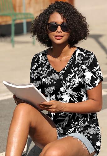 Image of CATHY 2026 Women Tops Summer Short Sleeve Tunic V Neck T-Shirts Loose Casual Floral Blouse S-4XL