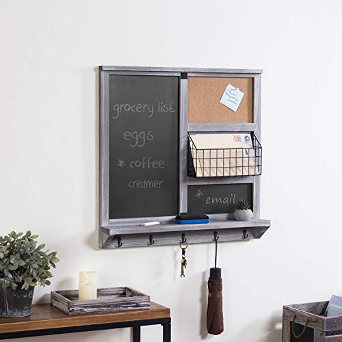 Mygift OFC1165GRY Wall Mounted Vintage Gray Wood Chalkboard/Cork Board Sign With Mail Basket, Shelf, And 5 Key Hooks thumb #1